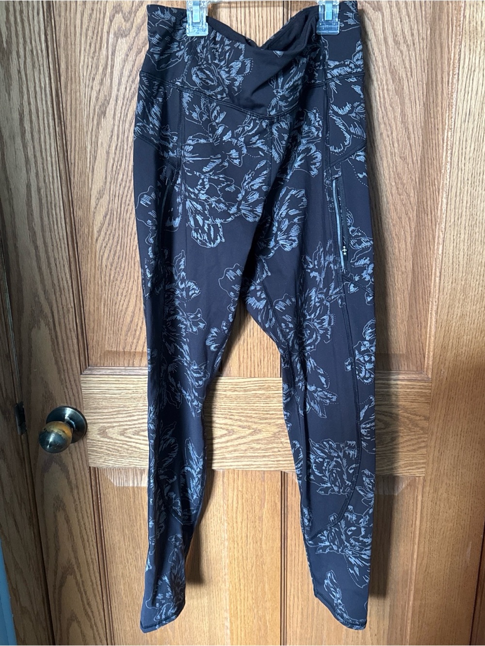 Athleta Black Leggings with Silver Floral Reflective Print